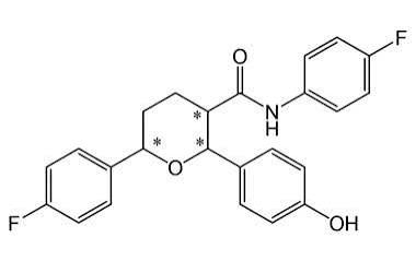 Structure of N,6-bis(4-fluorophenyl)-2-(4-hydroxyphenyl)oxane-3-carboxamide